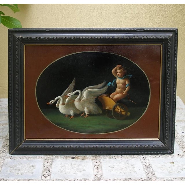 Wood C1870 Italian Fine Antique Painting "Cupid in the Chariot of Swans" Framed For Sale - Image 7 of 7