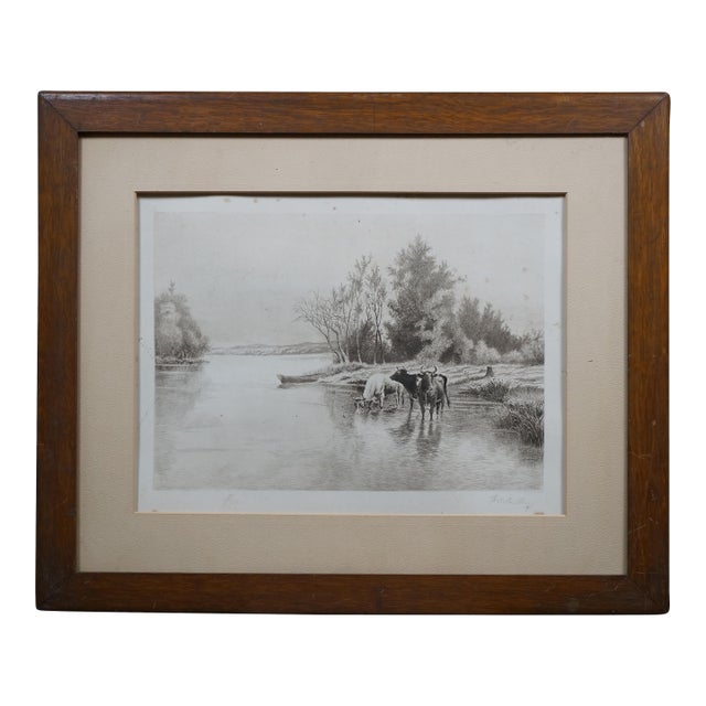 Antique William De La Montagne Cary Signed Bulls Cows Riverscape Etching 29" For Sale