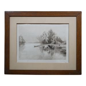 Antique William De La Montagne Cary Signed Bulls Cows Riverscape Etching 29"
