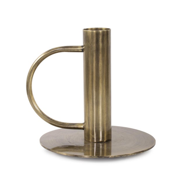 Kenneth Ludwig Chicago Italo Tall Antique Brass Candle Holder with Handle For Sale - Image 4 of 11