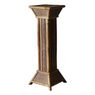 Vintage Bamboo Rattan Pedestal Column Plant Stand For Sale