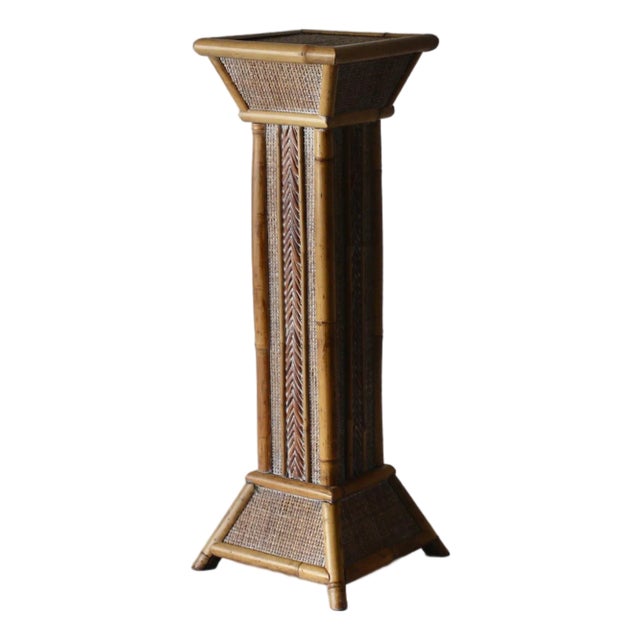 Vintage Bamboo Rattan Pedestal Column Plant Stand For Sale