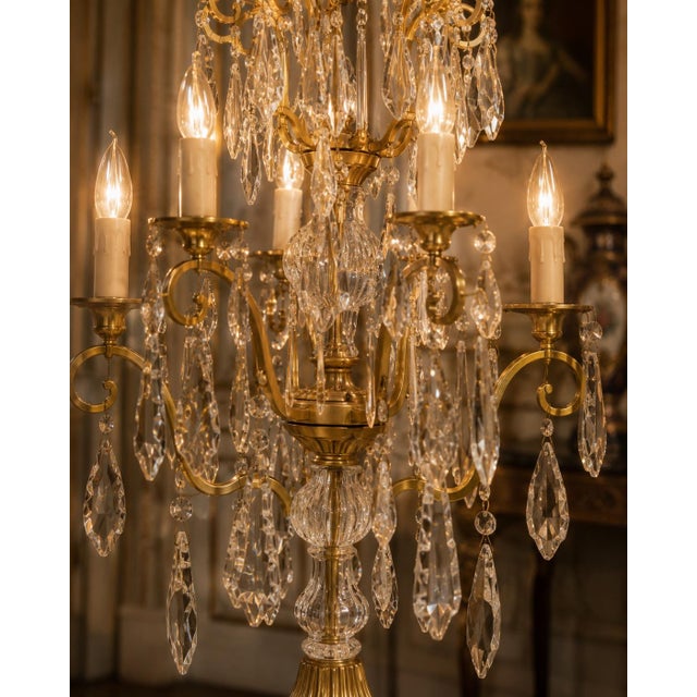 1990 French Louis XVI Gold Bronze Crystal Candelabra Table Lamp For Sale - Image 4 of 16
