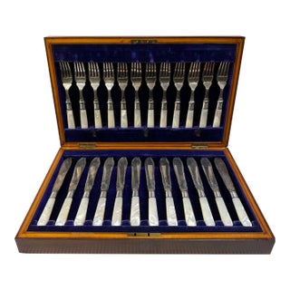 Circa 1900 English Mother of Pearl Handled Fish Utensil Set With Mahogany Case- 25 Pieces For Sale