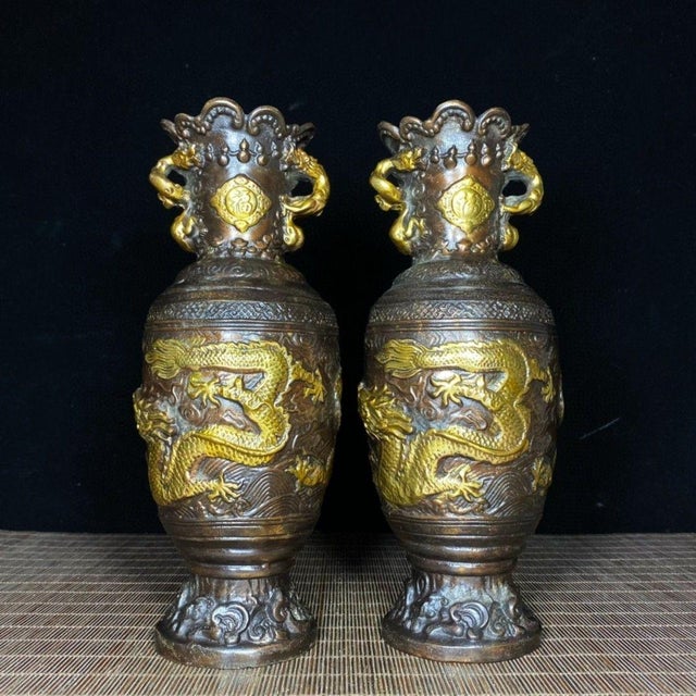 Late 20th Century Pair of Vintage Gilt Bronze Dragon Vases – "Dragon Rising From the Sea" Motif For Sale - Image 5 of 9
