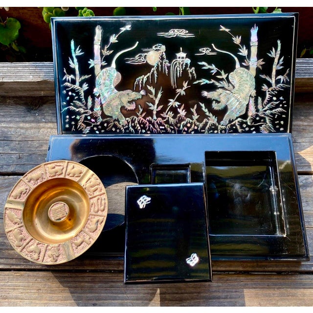 Tiger Smoking Box & Ashtray Set Circa 1950 Korean Black Lacquer Mother-of-Pearl For Sale - Image 11 of 18
