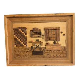Signed Wood Marquetry Diorama"Grandma's Passion" by Cleve Lewis, 1994 For Sale