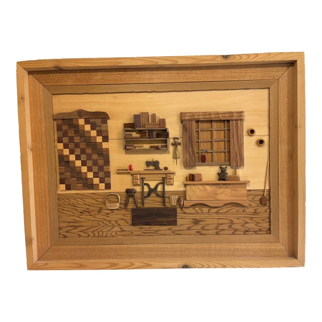 Signed Wood Marquetry Diorama"Grandma's Passion" by Cleve Lewis, 1994 For Sale
