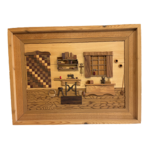 Signed Wood Marquetry Diorama"Grandma's Passion" by Cleve Lewis, 1994