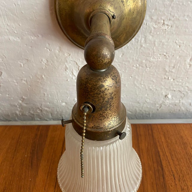 Antique Industrial Brass Wall Sconce With Acid-Etched Ribbed Glass Shade For Sale - Image 4 of 10