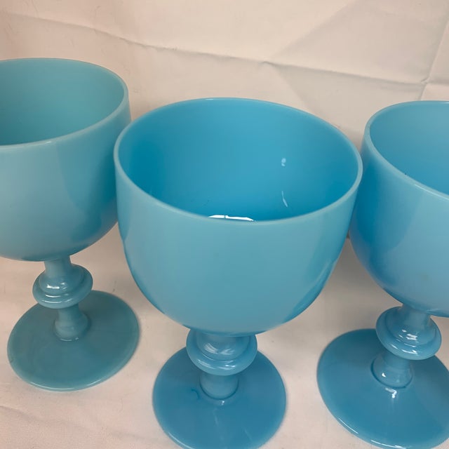 French Vintage 5” French Portieux Vallerysthal Robin’s Egg Blue Opaline Glass Goblets - Set of 5 For Sale - Image 3 of 6