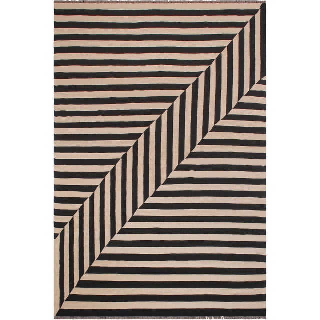 Beige Early 21st Century Modern Bauhaus Kilim Beige Black Wool Rug For Sale - Image 8 of 8