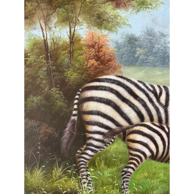 Vintage Original Zebra Oil Painting in Gilt Frame - Mother and Child Scene For Sale In Miami - Image 6 of 8