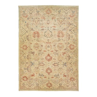Beige & Blue Modern Sultanabad Handmade Floral Designed Wool Rug For Sale