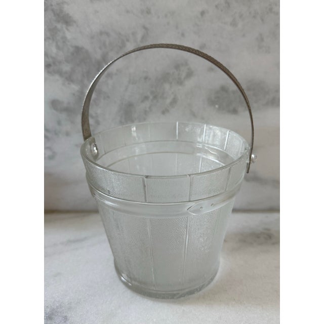 Vintage frosted glass small ice bucket shaped like a pail with textured glass and a hammered metal handle.