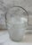 Vintage frosted glass small ice bucket shaped like a pail with textured glass and a hammered metal handle.