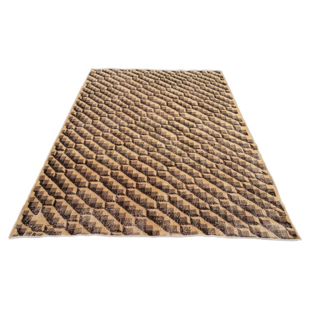 Tan Vintage Turkish Handmade Abstract Art Deco Wool Rug For Sale - Image 8 of 10
