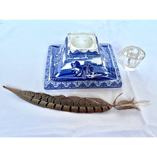 Antique English Blue & White Transferware Pyramidal Inkwell With French Glass Insert & Quill For Sale - Image 11 of 14