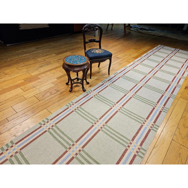 Vintage American Runner, Flat-Woven Wool & Cotton, Allover Pattern, Green Stripes, 4x24 For Sale - Image 4 of 12