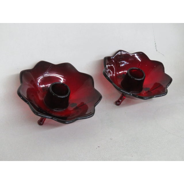 Fenton Style 3 Footed Ruby Red Glass Candle Stick Holders a Pair For Sale - Image 4 of 12