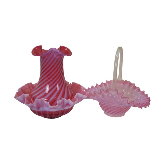 3 mid to early century Fenton cranberry / ruby red opalescent art glass compotes featuring ruffled edge / clambroth...