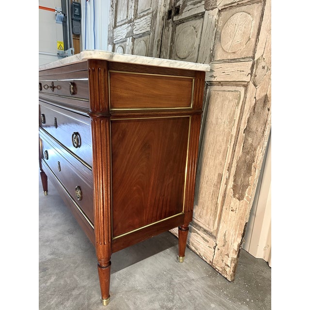 Brown Louis XVI Style Commode with White Marble Top, 1970s For Sale - Image 8 of 11