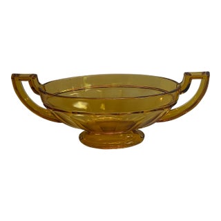 Rare Vintage 1935 Sign Val Saint Lambert Belgium Art Deco Faceted Honey Color Glass Grecian Style Handled Fruit Bowl Vase For Sale