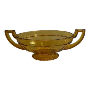 Rare Vintage 1935 Sign Val Saint Lambert Belgium Art Deco Faceted Honey Color Glass Grecian Style Handled Fruit Bowl Vase