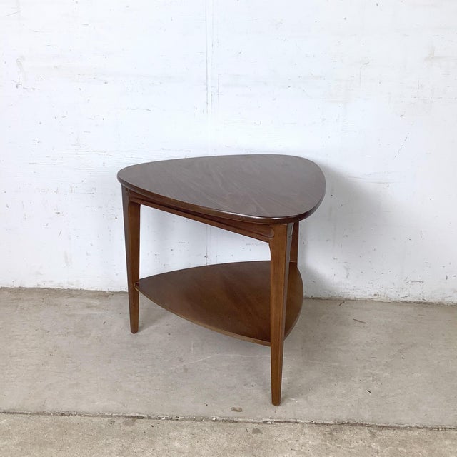Brown Pair of Walnut-Finish Two-Tier Triangular End Tables, Mid-Century Modern Style For Sale - Image 8 of 12