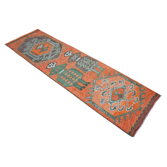Mythological Runner Rug Hand-Knotted 2'9"x9'6" Vibrant Orange Turkish Rug Kitchen Runner Extraterrestrial Motif For Sale - Image 4 of 14