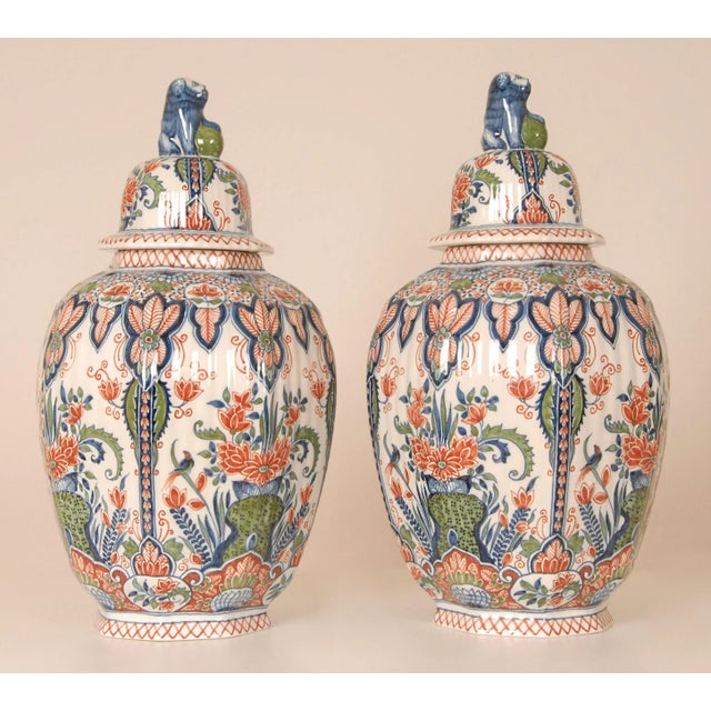 Chinoiserie Delft Vases Tall Covered Jars Dutch Delftware Tinglazed Pottery Polychrome Chinoiserie a Pair For Sale - Image 3 of 11