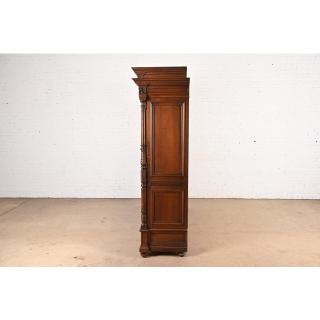 Herter Brothers Style Monumental Antique Eastlake Victorian Carved Walnut and Burl Wood Triple Bookcase Cabinet For Sale - Image 11 of 13