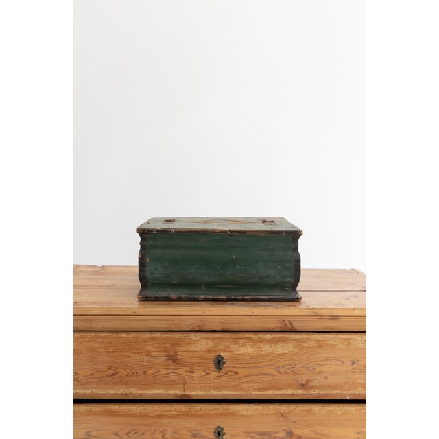 19th century (possibly late 18th century) Swedish pine box. Iron hinges at top opening, round iron handles at sides....