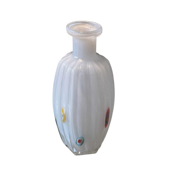 1960s Mid Century Italian Murano Style White Ribbed Rigadin Glass Vase With Millefiori Murrine For Sale - Image 5 of 9