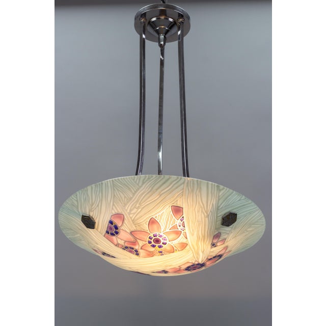 Art Deco French Floral Glass and Chrome Pendant Light from Loys Lucha, 1930s For Sale - Image 3 of 18