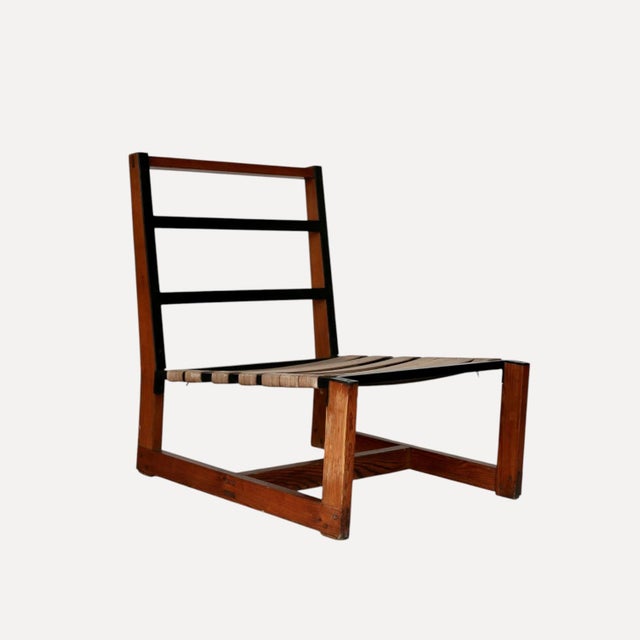 Wood Lounge Chairs with Wooden Frames, Fabric Strap Seats, Metal Slat Backrests and Beige Upholstery France, 1950s, Set of 2 For Sale - Image 7 of 15