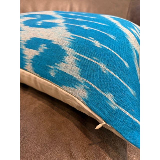 Boho Chic 1990s Sky Blue Silk Ikat Lumbar Cushion Cover For Sale - Image 3 of 10