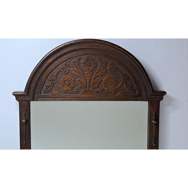 Victorian Antique 1910s Carved Oak Wall Mirror Arched Top Floral Wood Stamped #2375 32x17 For Sale - Image 3 of 12