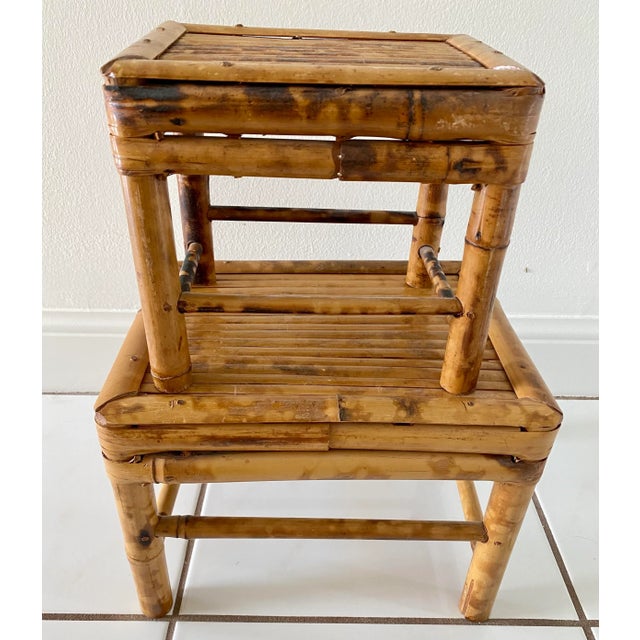 Vintage Bamboo Nesting Stools Rattan Plant Risers - Set of 3 For Sale - Image 11 of 13