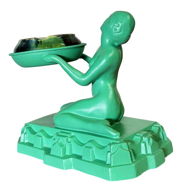 1920s Green Enamel Nuart Nude Female Ashtray With McCoy Ashtray For Sale - Image 4 of 6