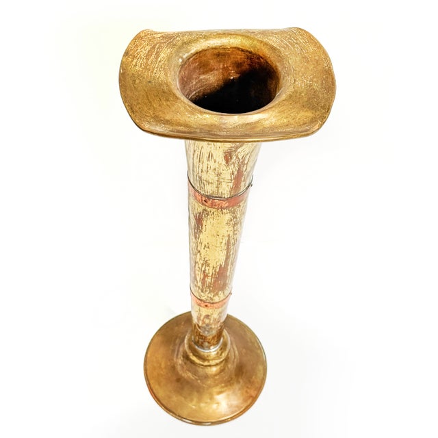 Striking antique brass and copper floor vase / umbrella or cane stand with an unusually sculptural elongated form, flared...