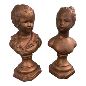 Vintage Pair of Classical Child Busts on Pedestals – Boy & Girl Figurative Sculpture