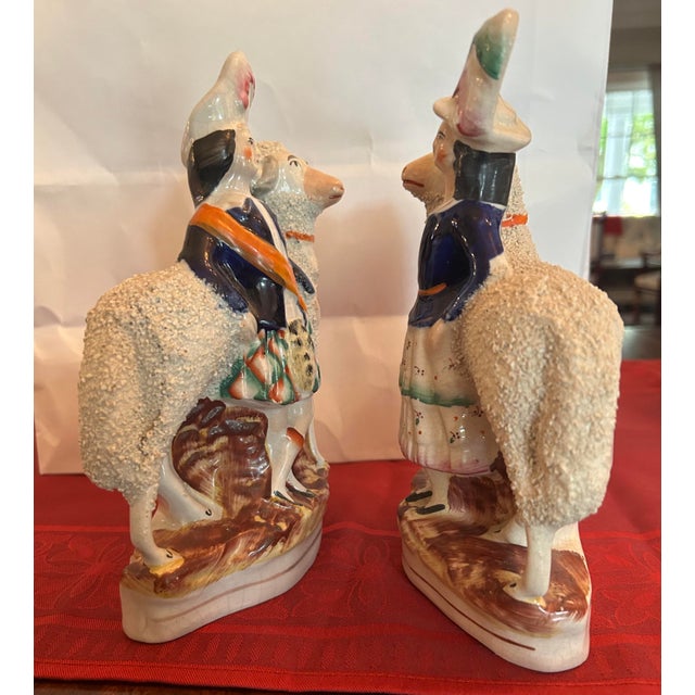 19th Century Pair of Antique Staffordshire Flatback Figurines, Pastoral Highland Nobles With Giant Sheep For Sale - Image 5 of 6