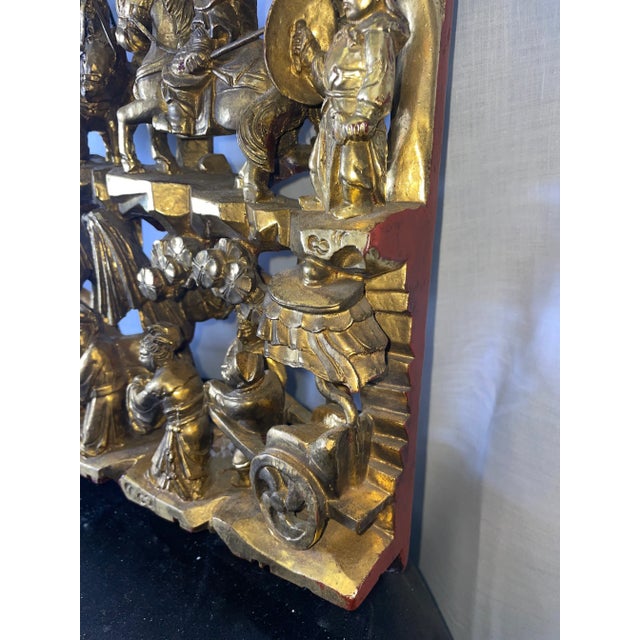 Antique Chinese Carved Deep Relief Gilt Wood Warriors Scenes Panel For Sale - Image 9 of 12