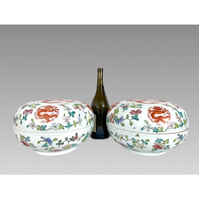 Vintage Red Pheonix, Dragons & Floral White Porcelain Chinese Covered Serving Bowl (Gift Box), a Pair Available For Sale - Image 10 of 11