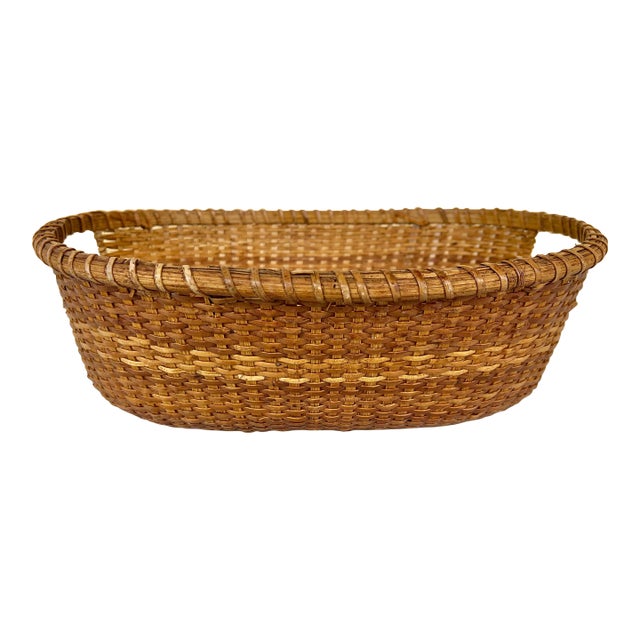 Vintage Nantucket Lightship Style Tight Woven Wicker Basket Wood Bottom For Sale