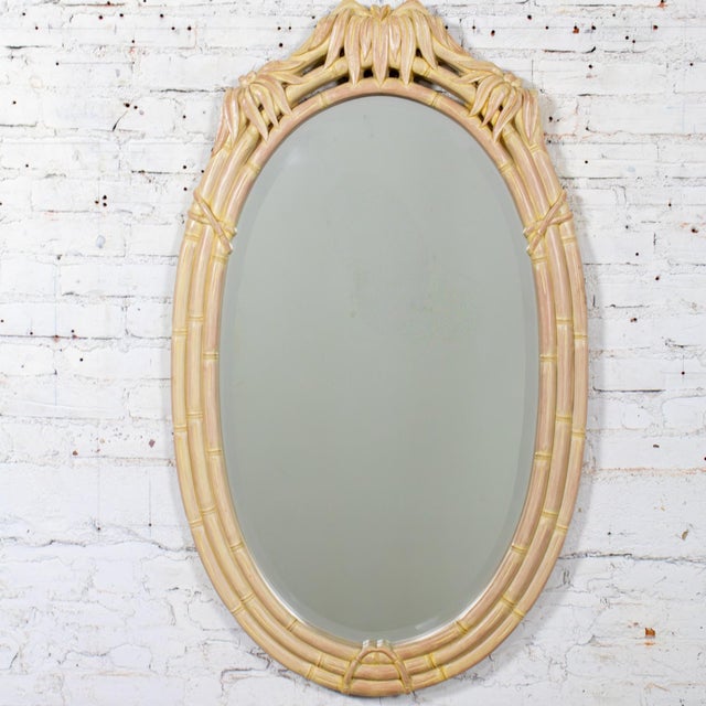 Late 20th Century Late 20th Century Coastal or Hollywood Regency Style Oval Wall Mirror Faux Bamboo Resin Ceruse Finish For Sale - Image 5 of 18