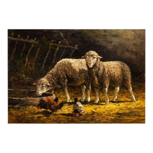 French Barbizon Antique Oil Painting of Sheep in Barn by Charles Emile Jacque