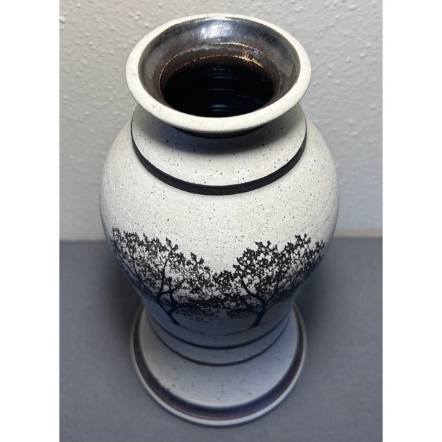 Up for sale is a Vintage Contemporary Style Studio Pottery Speckled Stoneware Trees Motif Baluster Vase Signed JS (20th...
