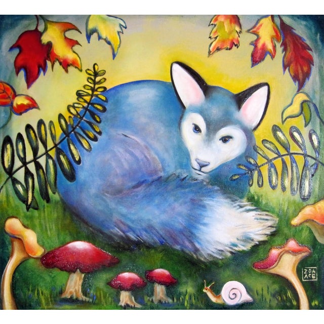 Blue Fox by Zoa Ace | Oil on Canvas Blue fox resting among ferns and mushrooms. For Sale